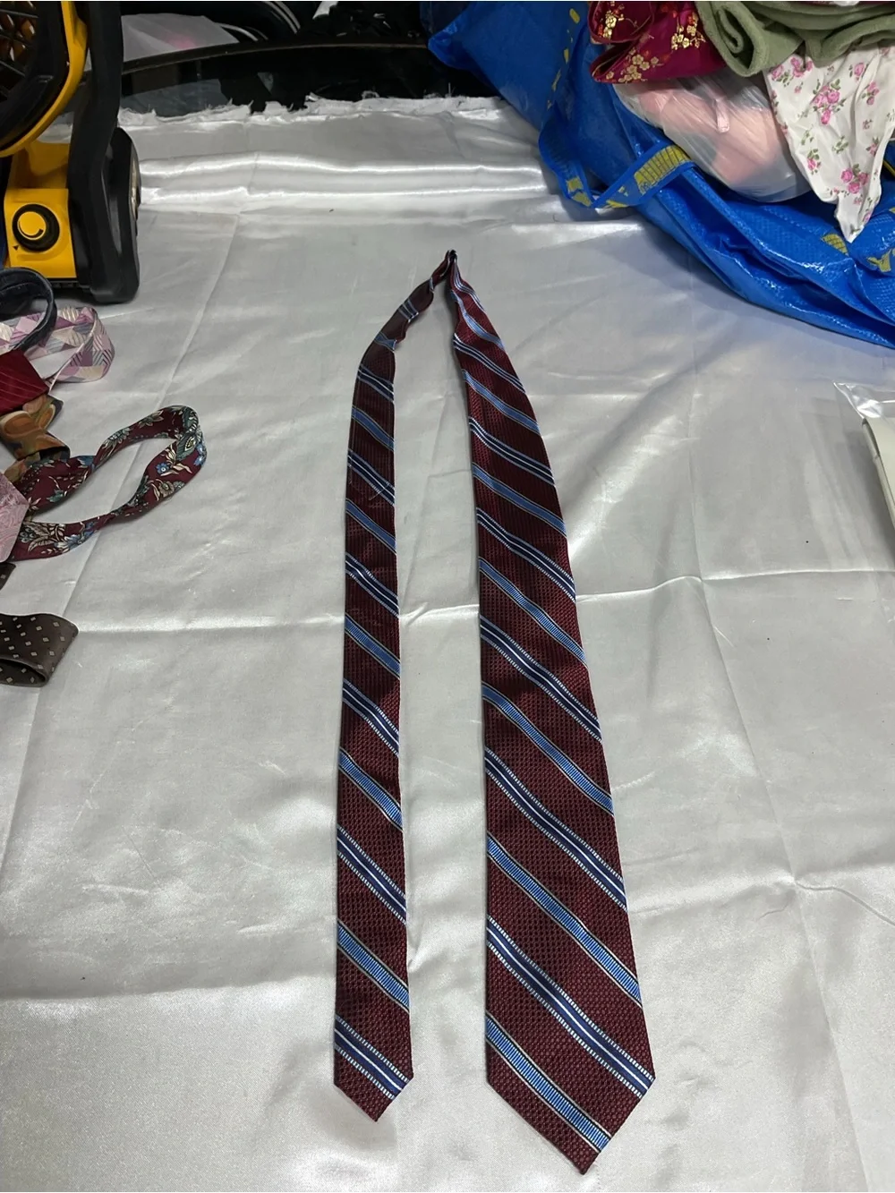 Pronto Uomo Burgundy Tie with Blue and White Stripes